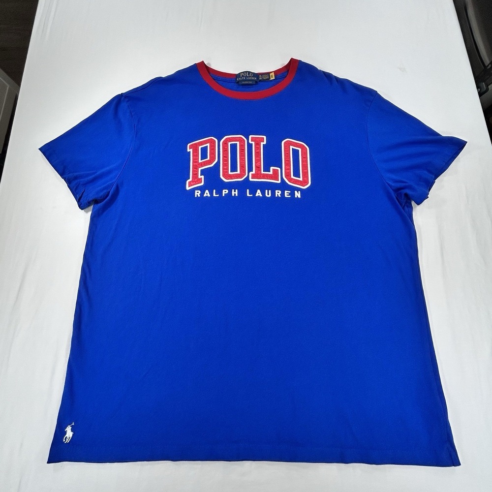 Polo Ralph Lauren Mens XL Blue Red Spellout Embroidered Logo T-Shirt RARE Preppy